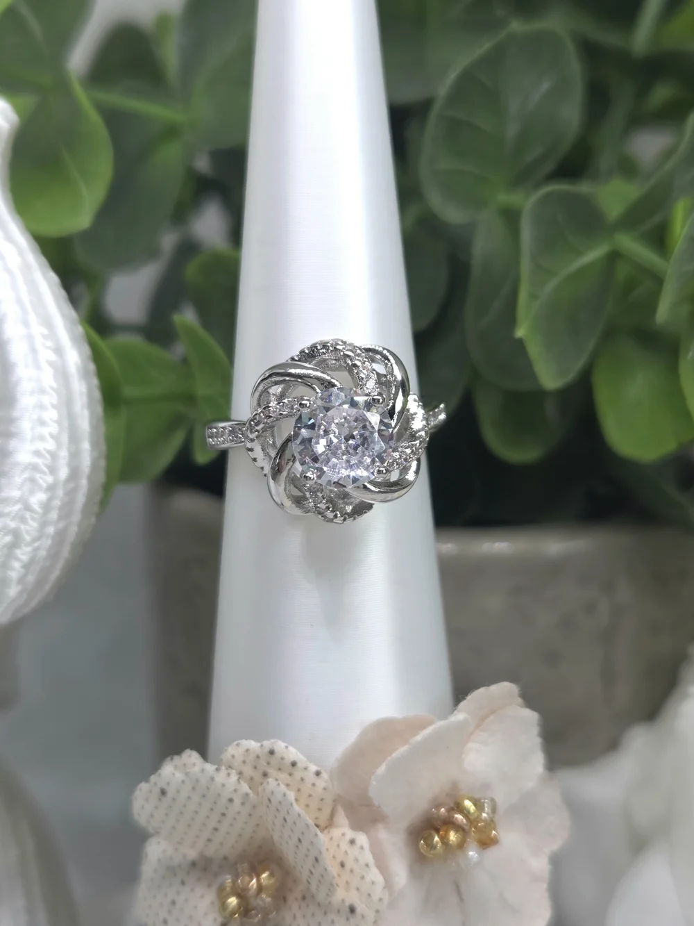 Sterling Silver Floral Halo Ring with Clear Center Stone